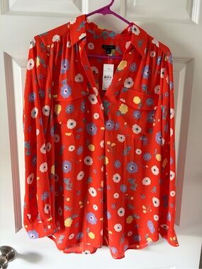 Ann Taylor Bright orange Floral Button-Up Blouse